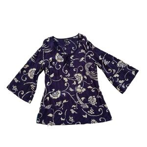 Lucky Brand Floral Tunic Women’s Size Medium. Blue White Turquoise Rayon Shirt